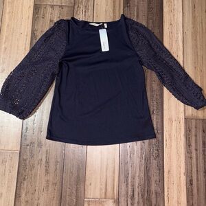 Soft Surroundings Midnight Blue Crochet Sleeve Blouse NWT